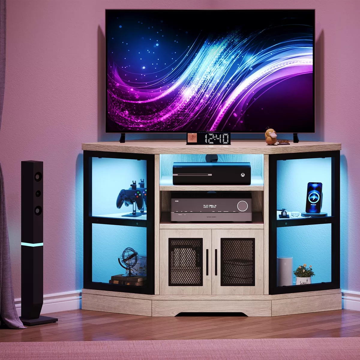 Corner TV Stand with Power Outlets LED Lights TV Console Entertainment Center