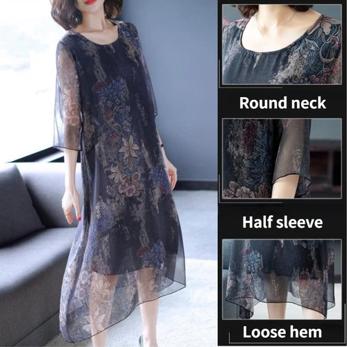 Women Chiffon Print Midi Dress Half Sleeves Casual Loose A-line Retro Ethnic - Picture 4 of 22