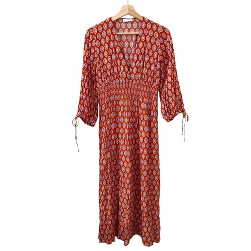 Sandro Roche Abstract Print Vneck Smock Waist Midi Dress Orange FR 34 US 2 XS