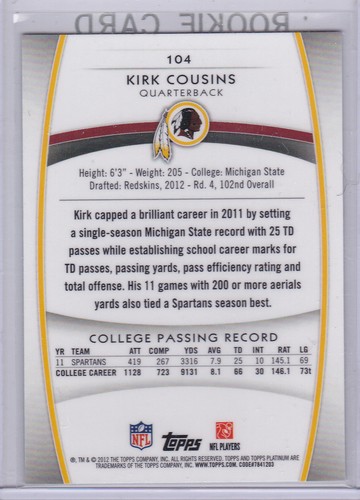 KIRK COUSINS ROOKIE CARD Topps Platinum 2012 RC Washington Redskins Football LE - Bild 2 von 2