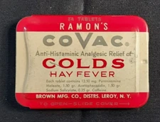 Old Empty Advertising Medicine Tin Ramon's COVAC Colds Hay Fever Brown Mfg Leroy