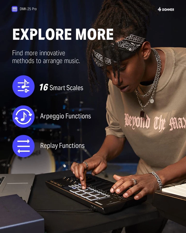 Donner DMK-25 MIDI Keyboard 25 Key 8 Drum Pads Touch Bar USB-C DJ Controller - Image 3 of 4