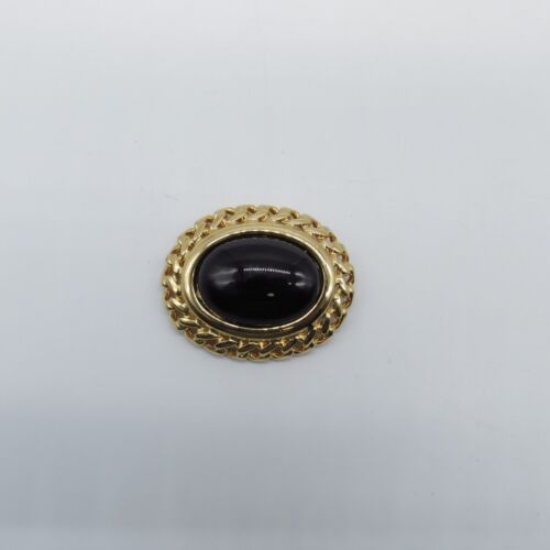 Vintage NAPIER schwarz Glas Cabochon Anstecknadel Brosche oval goldfarben schlicht klassisch - Bild 2 von 11