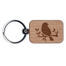 Charming Bird Resting on Branch Engraved Wood Rectangle Keychain Tag Charm