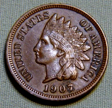 1907 Indian Head Penny US Cent - AU Full Liberty Beauty With 4 Diamonds Lot 1183