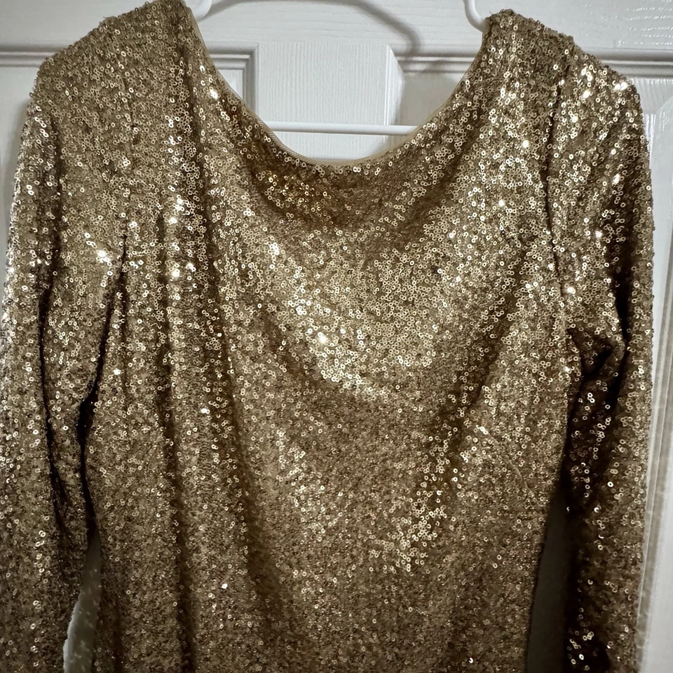 Ralph Lauren Gold Long Sleeve Sequin Dress Size 12 Cocktail Party - Image 3 of 4