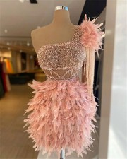 One Shoulder Pink Prom Dresses Feathers Beading Evening Gowns Homecoming Dress