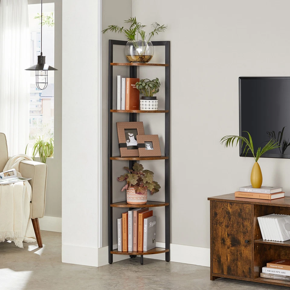 5 Tier Corner Shelf Book Case Wood Metal Shelving Unit Stand Home Storage Rack - Image 3 of 4