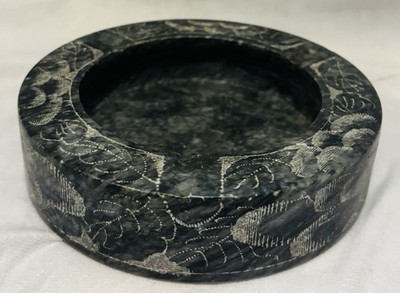 Black Dark Grey Etched Pattern Marble Stone Ashtray vintage 6 D rare find Heavy