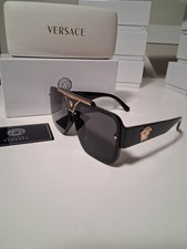 Versace Men's Shield Sunglasses Black Plastic Frame Gray Tinted Lenses  Case