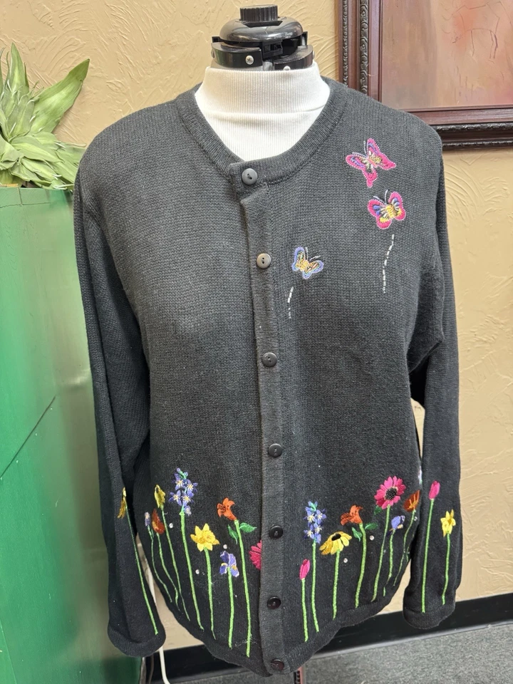 ￼ The Quacker Factory Cardigan Sweater Black 2X Flowers - Image 3 of 4