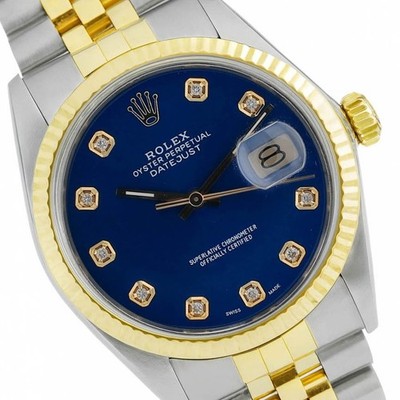 Rolex Unisex Datejust Watch Gold SS Blue Diamond Fluted Bezel w