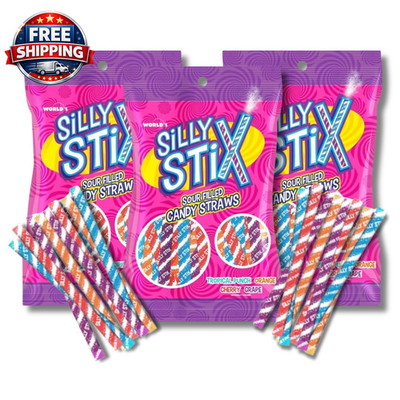 Silly Stix Sour Candy Straws - Pack of 3 - Fun Powder-Filled Treats