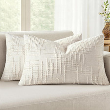 Chenille Textured Lumbar Throw Pillow Covers Cream White 12X20  Set of 2, Slubb