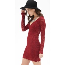 Forever 21 Red Lace Long Sleeve V-Neck Bodycon Semi Sheer Mini Dress Women's L