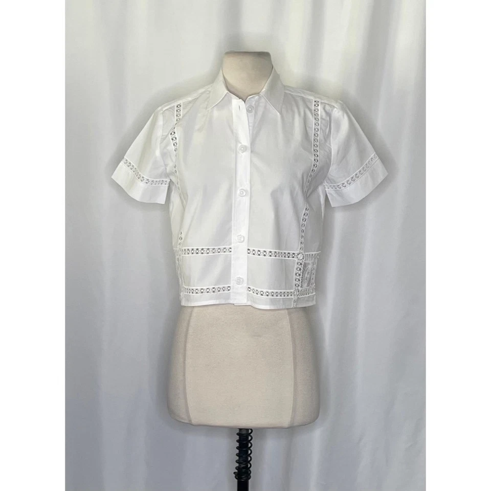 NWT!! J. CREW Gamine Eyelet Trim Shirt Top Buttondown Lace Solid White Size 2 - Image 2 of 4