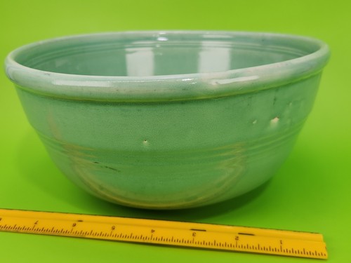 Antique Green Ribbed Stoneware 9" Bread Proofing Mixing Bowl Marked Sevilla USA - Picture 5 of 11