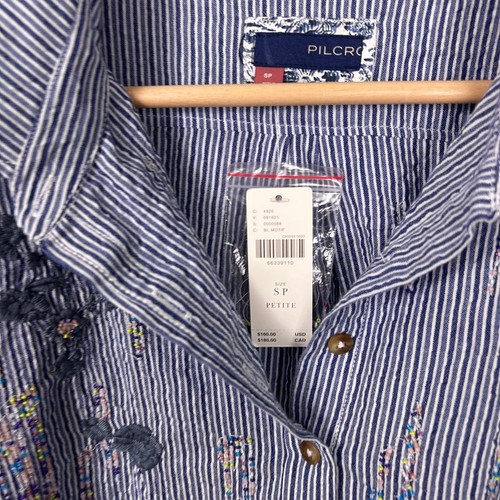 NWT Anthropologie Pilcro Embroidered Beaded Button Down Top Petite Small PS Blue - Picture 8 of 9