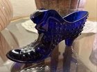 Vintage Fenton Hobnail Dark Blue Glass Shoe with Cat