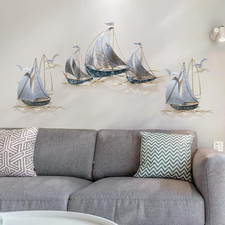 Set of 3 Metal Sailboat Wall Art, 3 PCS Blue Ship Metal Wall Decor | Coastal Nau