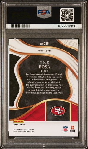 2023 PANINI SELECT #230 NICK BOSA DIE-CUT ZEBRA PRIZM PSA 10 - Picture 2 of 2