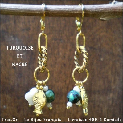Boucles d'Oreille TURQUOISE ET NACRE POISSON Bijou Français LIVRÉ 48H à Domicile - Photo 1/4