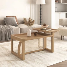 Wooden Coffee Table Center Cocktail Table Rattan Side Table End Table US