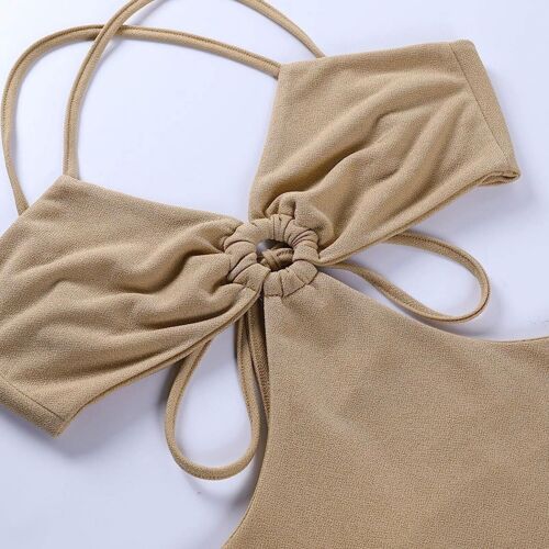 Women Sling Dress Sexy Deep V Neck Backless Maxi Party Cutout Beige Size large - Photo 3/8