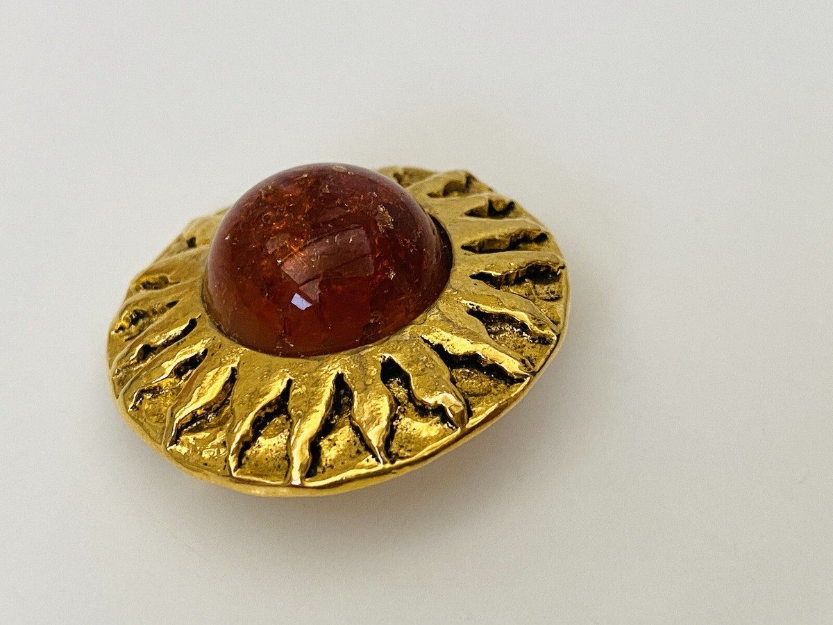 Broche Vintage Jean Patou Années 80 - Cabochon En Verre, Motif Soleil, Doré