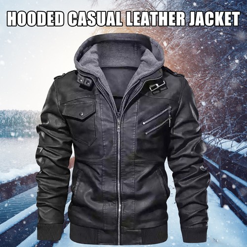 Windproof Mens Hooded Leather Jacket Autumn Casual Slim Fit Zip Up Coat Winter - Picture 2 of 13
