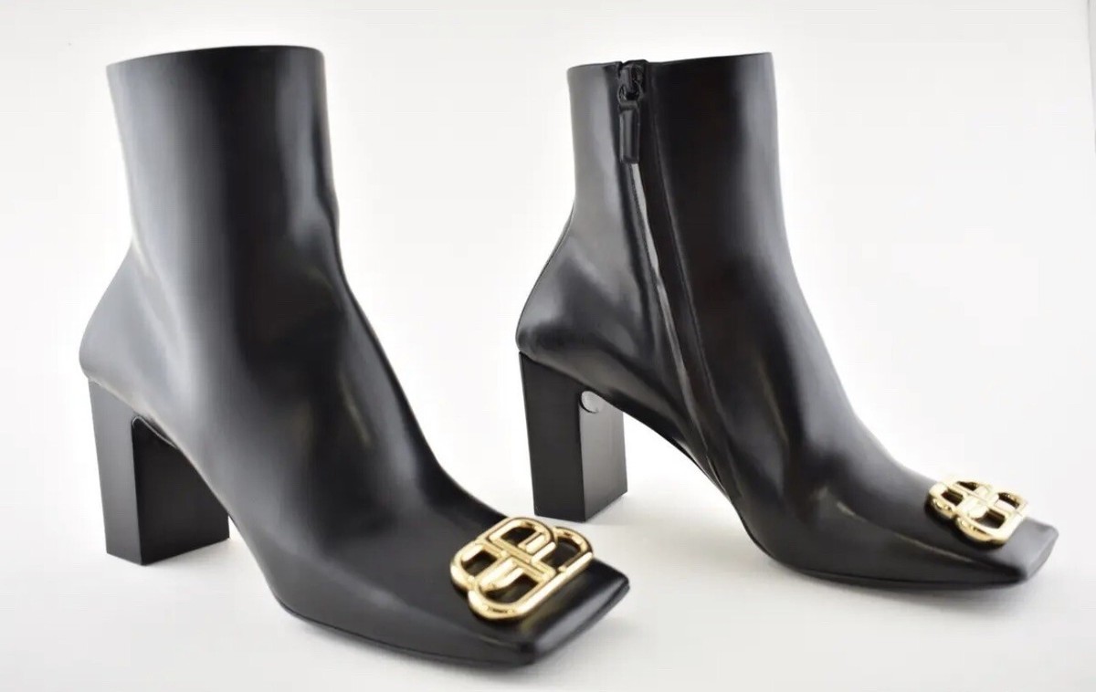Balenciaga Square Toe BB Gold Metal Logo Black Leather Ankle Balenciaga Square Toe BB Gold Metal Logo Black Leather Ankle