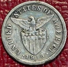 BETTER GRADE DETAILS 1918 S US PHILIPPINES SILVER 10 CENTAVOS COIN-MAY515