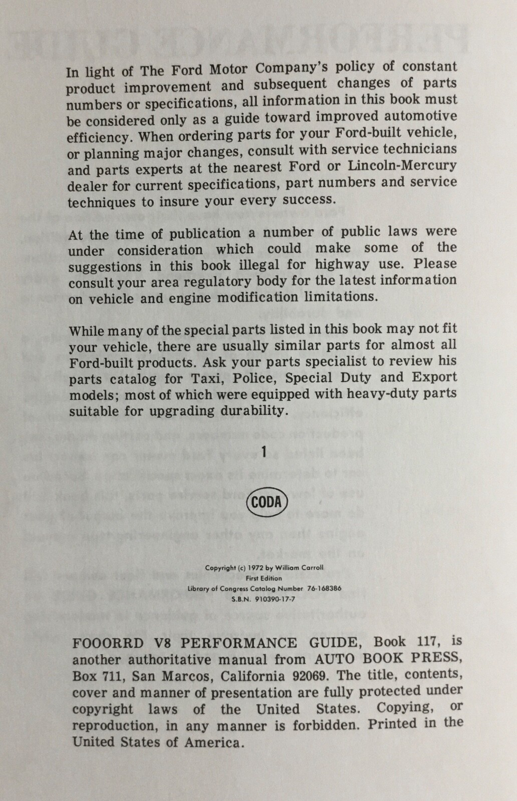 Ford Fooorrd V8 Performance Guide Book 117 Bill Carroll 1972 Acceptable Cond