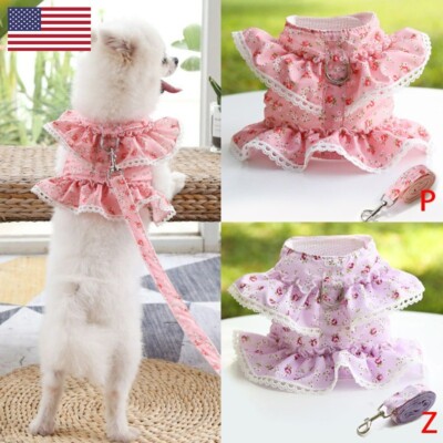 Dog Cat Harness Leash Set Adjustable Lace Floral Printed Pet Vest Cute Dress NEW