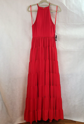 関税送料込【MAC DUGGAL】ロング ワンピース リボン 半袖 レッド New MAC DUGGAL 55281 Red Chiffon Ruffle Tiered A Line Gown