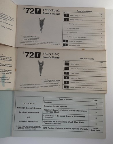 PONTIAC 1972 Grand Ville Bonneville Catalina Brougham Catalina Owner's Manual - Picture 3 of 3