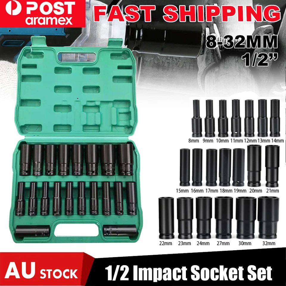 1/2" Drive Deep Impact Socket Set CR-V Steel Metric Sockets Long 20PCS 8-32MM AU