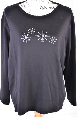 Charter Club Women's Pullover Shirt Sz 2XL Jeweled Black Pima Cotton Snow Flakes