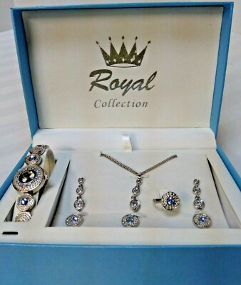 Royal Collection Fashion Jewelry Silver Tone w/Light Blue Stones 5-Piece  Set NIB