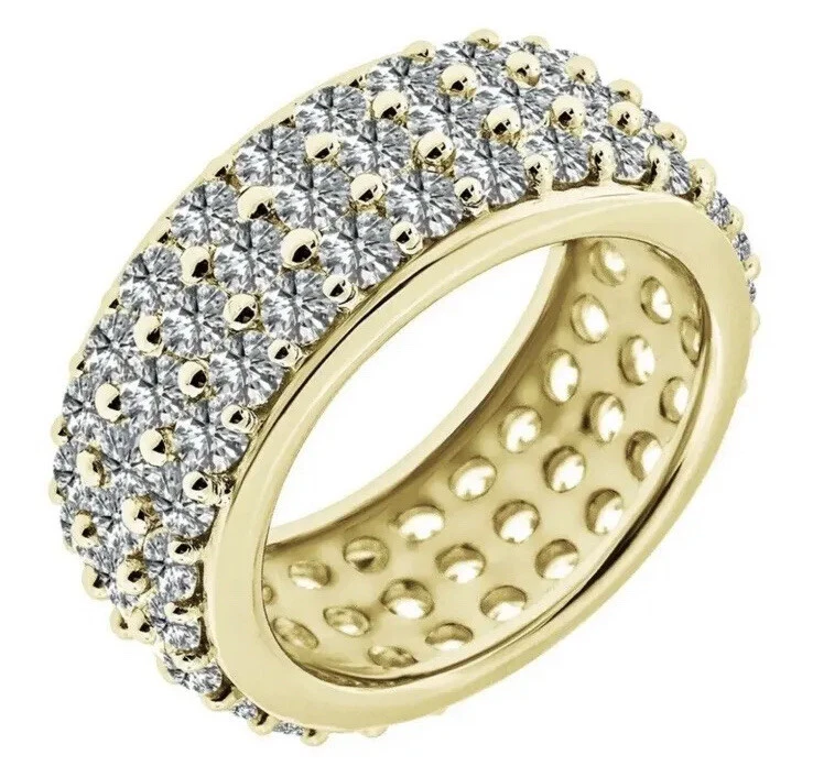 4 Carat Real White Diamond 3 Line Fine Full Eternity Band Ring 14K Yellow Gold
