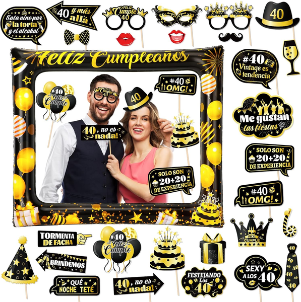 28Pcs 40. Geburtstag Party Photo Booth Requisiten, Schwarz-Gold 40. Geburtstag P-image
