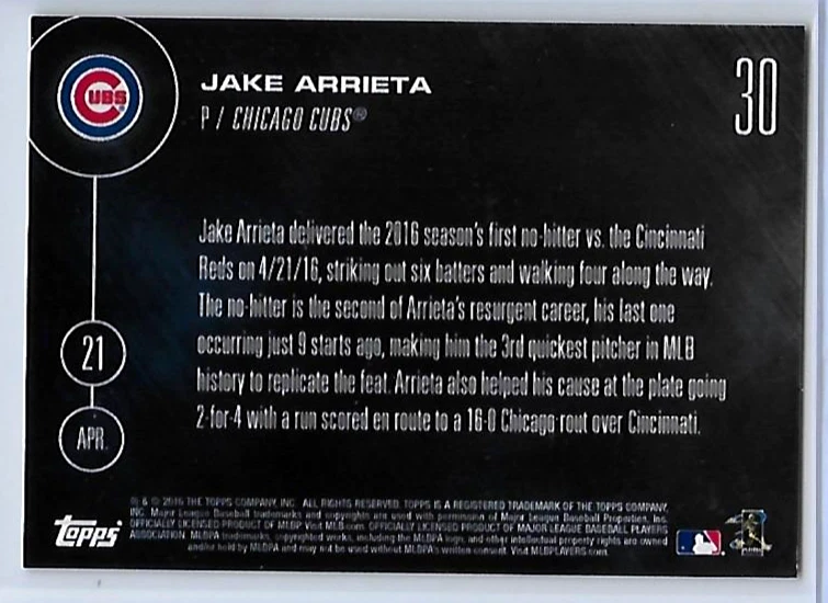2016 TOPPS NOW JAKE ARRIETA 2nd Career No-Hitter in 16-0 Rout PRINT /1808 - Image 2 of 2