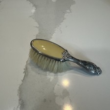 Vintage 1940s Silver-Plated Vanity Hair Brush Yellow Celluloid Ornate Handle