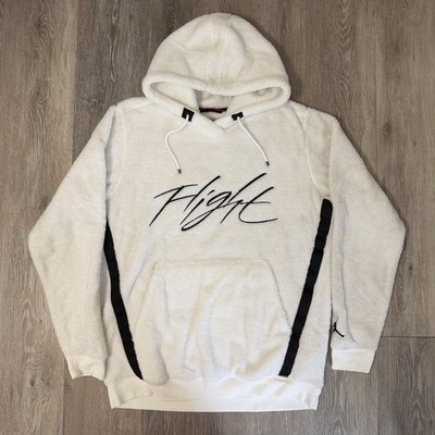 Jordan Flight Mens White Sherpa Fleece Hoodie Script Logo Pullover Medium