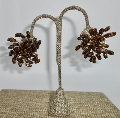 Vintage ALICE CAVINESS Signed Bronze Color Atomic Star Bead Earrings Clip-On E30