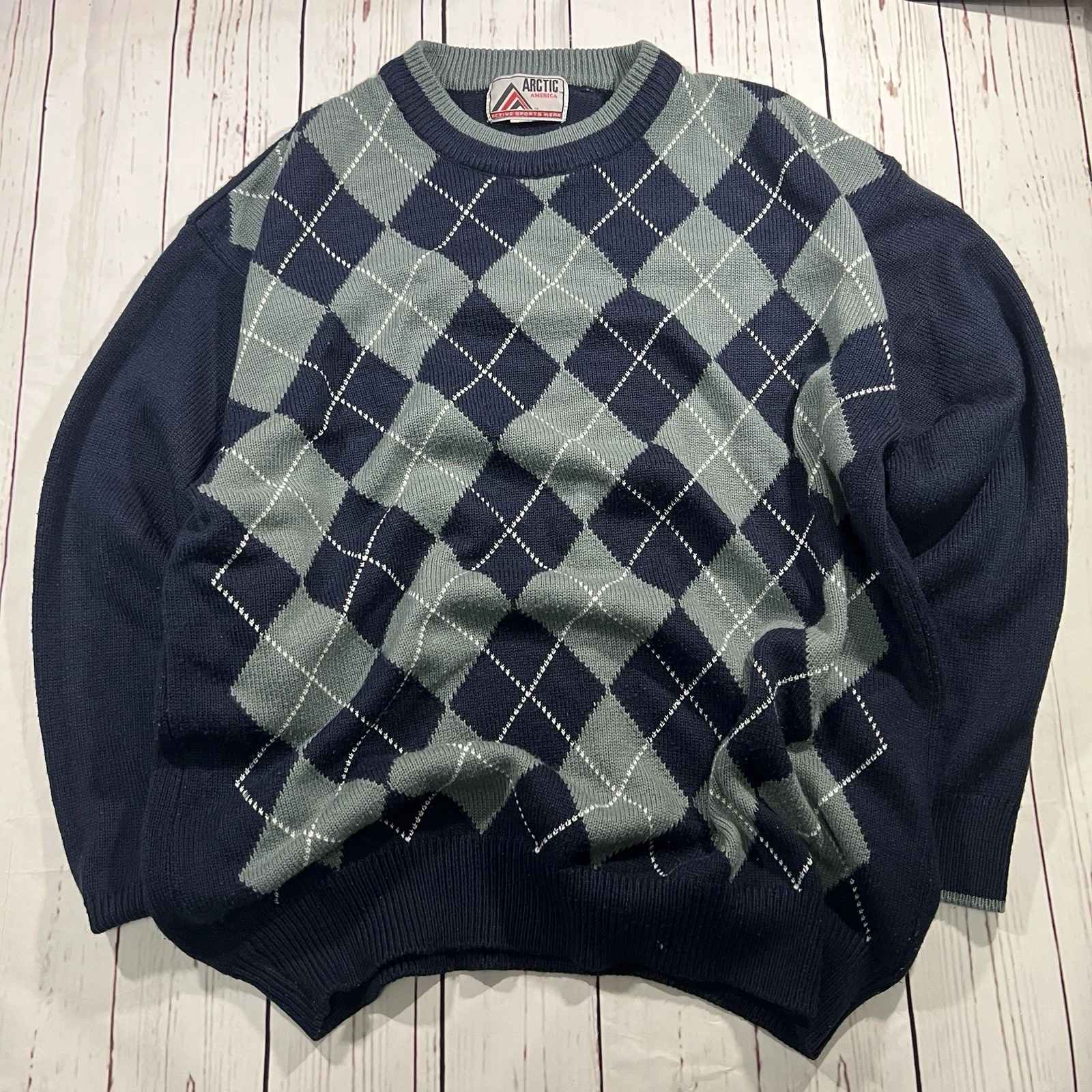 Vintage Arctic America Knit Wool Blend Argyle Navy and Grey Grandpa Sweater Sz M