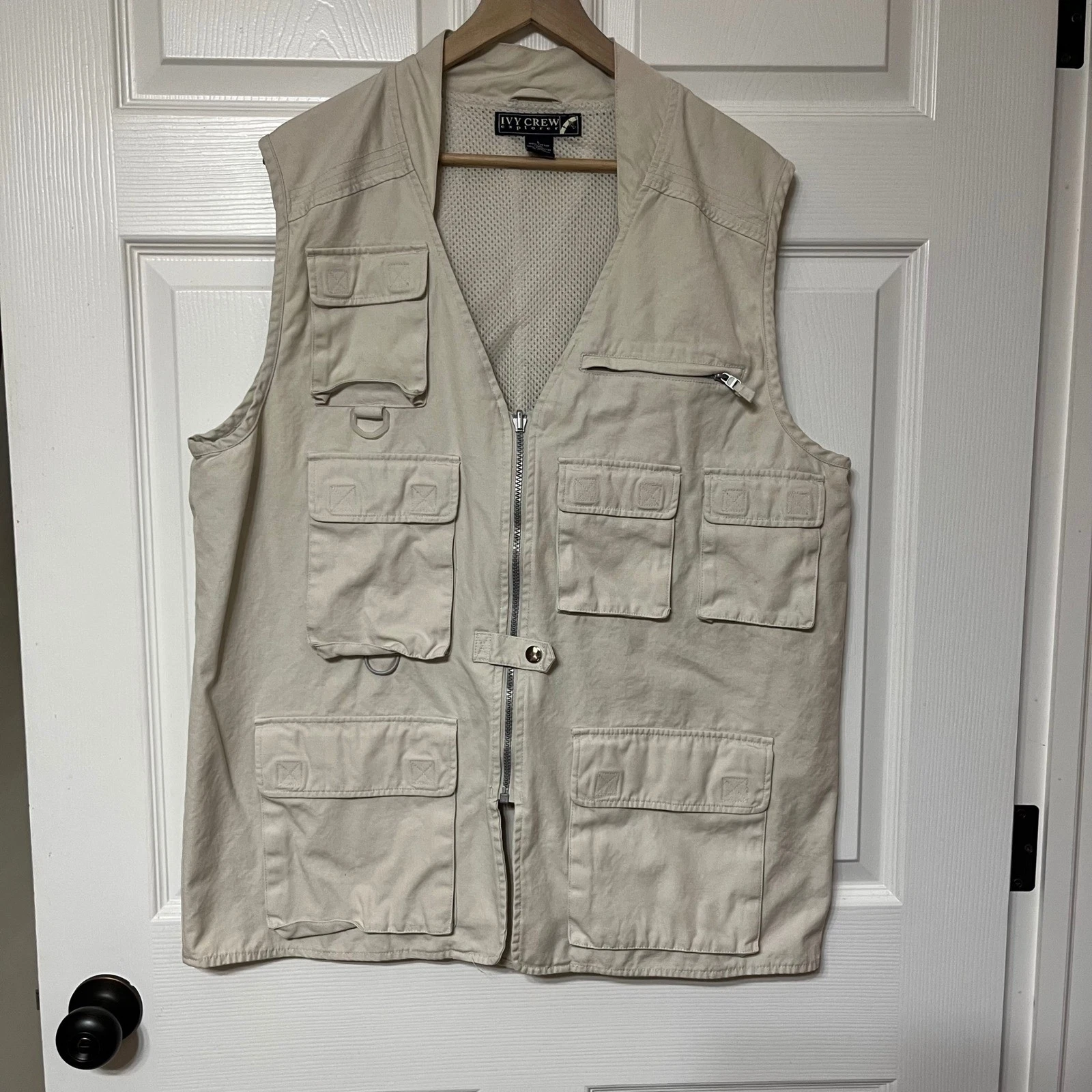 IVY CREW EXPLORER Mens Vest Beige Tan Size L Utility Pockets Fishing Hiking