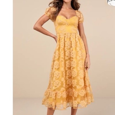 Lulus Notable Elegance Yellow Mesh Floral Bustier Midi Dress Size LARGE Whimsy