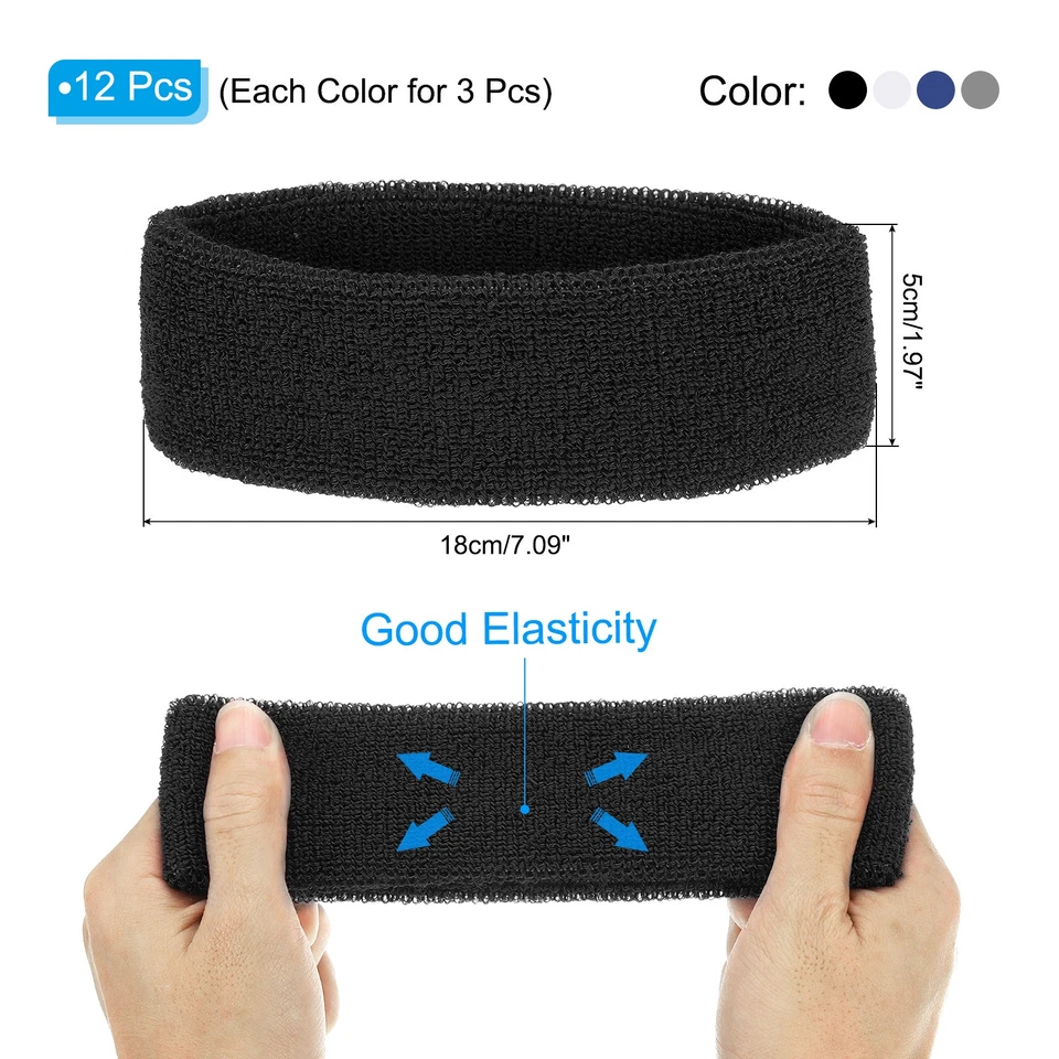12 Pcs Sweatband Headbands Terry Cloth for Sports Black/Blue/Gray/White - Image 2 of 4