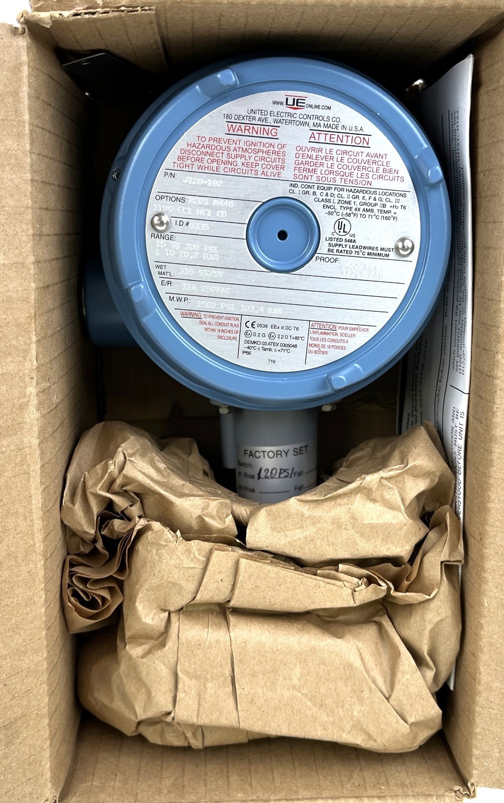UNITED ELECTRIC, J120-192, 120 SERIES, EXPLOSION PROOF PRESSURE SWITCH, NIB, NEW